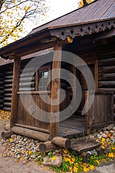 Beautiful wooden house in the Russian style. The house where lived the nurse of A. S. Pushkin. Leningrad oblast.