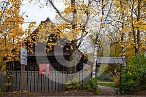 Beautiful wooden house in the Russian style. The house where lived the nurse of A. S. Pushkin. Leningrad oblast.