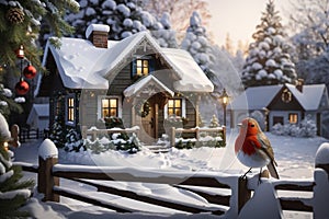 A beautiful wooden house in a snow white landscape with a robin, generated by AI.