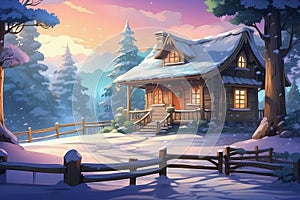 A beautiful wooden house in a snow white landscape with a robin, generated by AI.