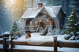 A beautiful wooden house in a snow white landscape with a robin, generated by AI.