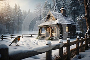 A beautiful wooden house in a snow white landscape with a robin, generated by AI.