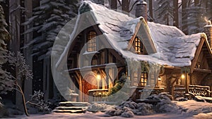 Beautiful wooden house in winter forest at night. Digital painting, AI Generated