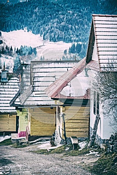 Beautiful wooden houses in Vlkolinec village, Slovak republic, Unesco. Cultural heritage. Travel destination. Vertical composition