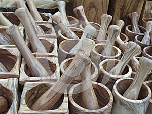 Beautiful wooden mortars kitchen utensils for preparing food photo