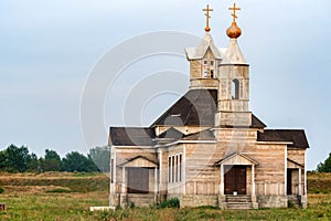 View of small wooden orthodox church in Russia