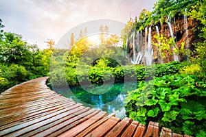 Beautiful wooden path in Plitvice Lake, Croatia