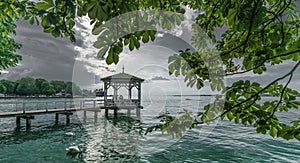 Beautiful wooden pier over a sea with some swans swimming in the water with a cloudy sky