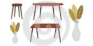 Beautiful wooden table and chair designs for interior ornamentation. unique leaves in a flower vase. Flat vector illustration