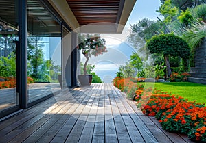 Beautiful wooden terrace with flowers and trees overlooking the sea