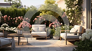 Beautiful wooden terrace with garden furniture surrounded by greenery and flowers