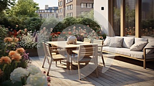 Beautiful wooden terrace with garden furniture surrounded by greenery and flowers