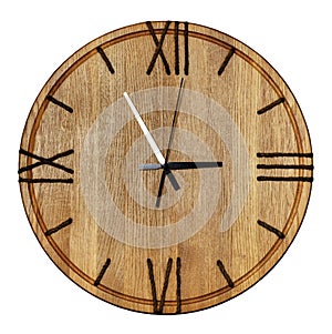 Beautiful wooden wall clock made of light wood and twine, isolate on white background