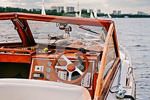 Beautiful wooden yacht close-up details.