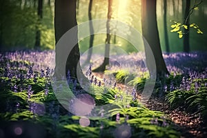 Beautiful blurred spring background nature. Halle forest during springtime, with bluebells carpet. generative AI