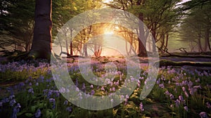 Beautiful woodland bluebell forest in spring. Purple and pink flowers under tree canopys with sunrise at dawn. Scenic forest