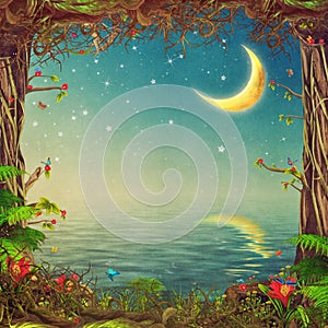 Beautiful woodland scene with trees ,sky and moon over the sea