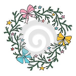 Beautiful wreath from branches of christmas tree with bows and stars in hand drawn style. Vector illustration