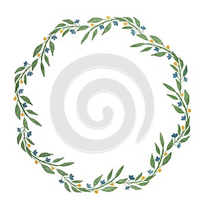 Beautiful wreath of watercolor blue flowers with green leaves and yellow berries on a white background.