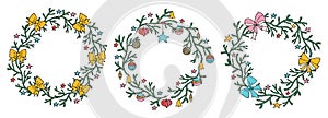 Beautiful wreathes from branches of spruce tree with christmas toys, bows and stars in hand drawn style. Set. Vector