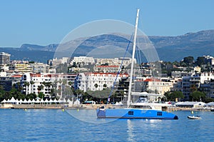 Beautiful yachts on a sparkling blue sea in Cannes, France