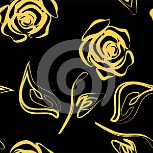 Beautiful yellow and black seamless pattern in roses with contours. Hand-drawn contour lines and strokes. Perfect for background