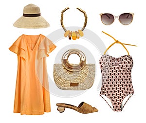 Beautiful yellow brown  clothes set. Vocation style garment. Women`s clothing summer collection isolated. Female apparel