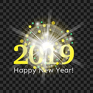 Beautiful yellow fireworks with a bright flash of light and greetings Happy New Year 2019