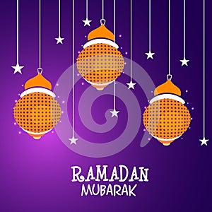 Beautiful yellow hanging lanterns with stars on shiny purple background for holy month of Muslim community, Ramadan Mubarak