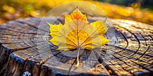Beautiful yellow leaf on the stump. Macro photo photo