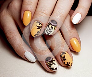 Beautiful yellow manicure design for nails. Nails design art.