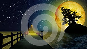 beautiful yellow moon in lake, night sky, night fantasy, loop animation background.