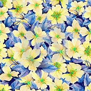 Beautiful yellow rose hip flowers with blue leaves in seamless pattern. Colorful floral background. Watercolor painting.