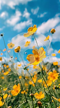 Beautiful yellow wildflowers cosmos against the backdrop of a meadow in the sun