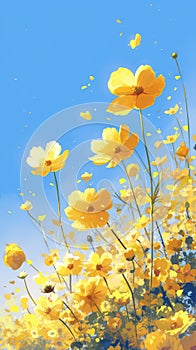 Beautiful yellow wildflowers cosmos against the backdrop of a meadow in the sun