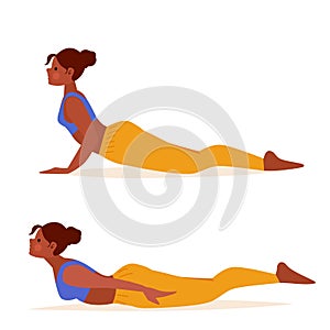 Beautiful yoga girl locust and cobra poses. Meditation practice. Sport, healthy lifestyle. Cartoon illustration of