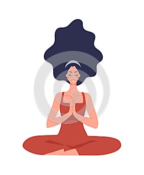 Beautiful yoga girl vector icon. The girl meditates in the lotus position against the background of the sky, grass and a