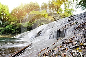 Beautiful yoro keikoku valley waterfall under morning sun in Chiba Prefecture, Japan