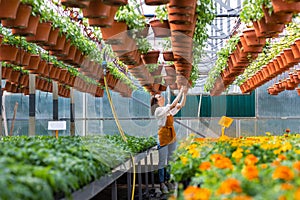 beautiful and young adult Caucasian woman gardener in a greenhouse or plant nursery takes care of flowers and plants