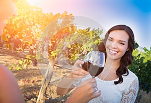 Beautiful Young Adult Woman Enjoying Glass of Wine Tasting Toast In The Vineyard with Friends