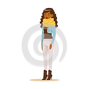 Beautiful young African American woman with curly long hair in casual clothes. Colorful cartoon character vector