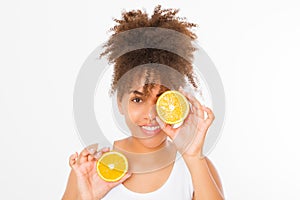 Beautiful young african american woman isolated on white background. Afro girl and diet concept. Copy space. Mock up. Skin care