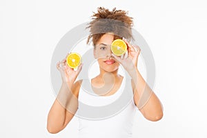 Beautiful young african american woman isolated on white background. Afro girl and diet concept. Copy space. Mock up. Skin care