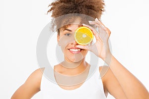 Beautiful young african american woman isolated on white background. Afro girl and diet concept. Copy space. Mock up. Skin care