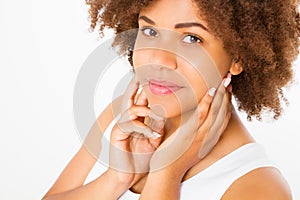 Beautiful young african american woman isolated on white background. Copy space. Macro face. Skin care, spa and make up concept.