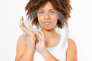 Beautiful young african american woman isolated on white background. Copy space. Mock up. Skin care, spa and make up concept.