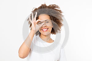 Beautiful young african american woman isolated on white background. Copy space. Mock up. Skin care, spa and make up concept.