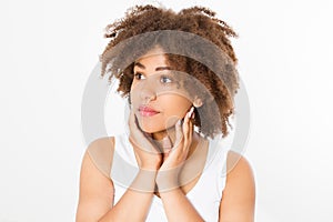 Beautiful young african american woman isolated on white background. Copy space. Mock up. Skin care, spa, make up concept. afro