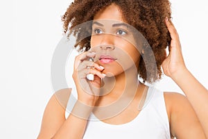 Beautiful young african american woman isolated on white background. Copy space. Mock up. Skin care, spa and make up concept. Afro