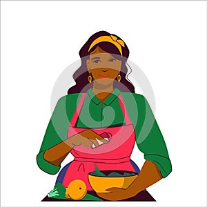 Beautiful young african american woman plus size cooks in the kitchen, broccoli on the table. Vector illustration in